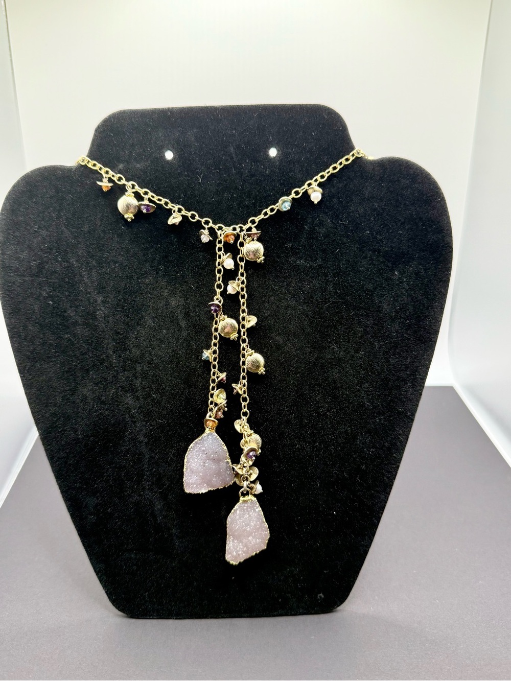 Gold-Tone Lariat Necklace with Lavender Druzy Drops